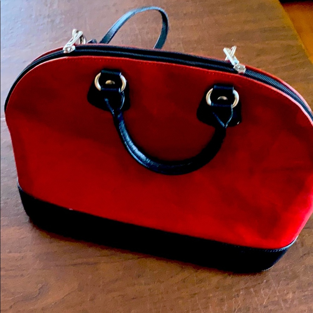 Red leather handbag